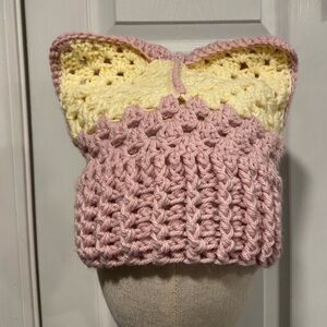 Handmade Crochet Cat Animal Ear Beanie Hat Cozy Ribbed Brim Stretch Winter Hat